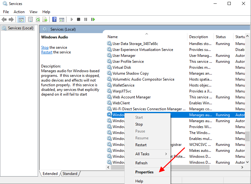 Screenshot of services.msc showing "Windows Audio" service properties.