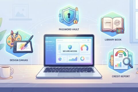 Illustration of a laptop surrounded by icons for a password vault, a library book, a credit report, and a design canvas