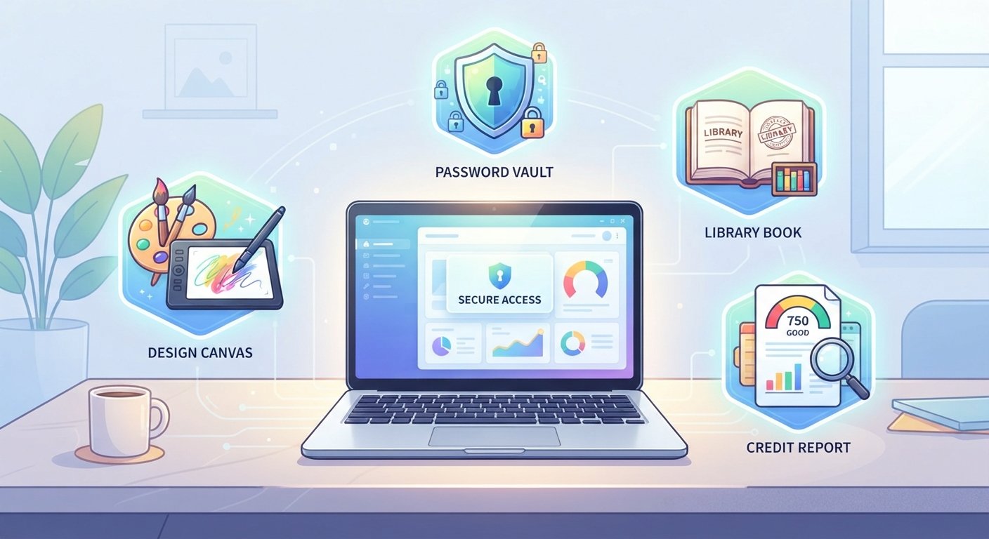 Illustration of a laptop surrounded by icons for a password vault, a library book, a credit report, and a design canvas